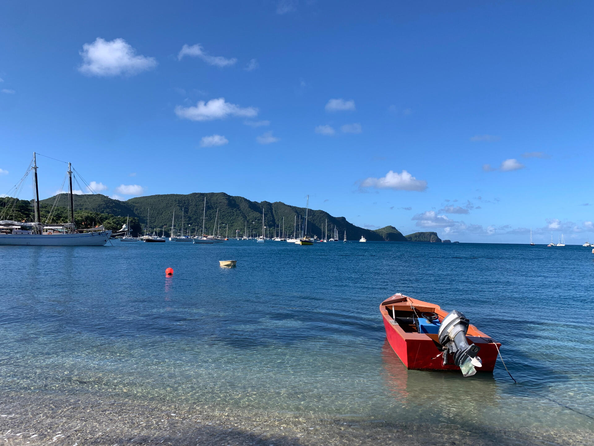 Bequia Harbor A small red boat in the foreground on the turquoise water of Bequia harbor. Many sailboats in the background and green hill behind.